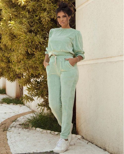 Conjunto Feminino Plush Blusa Manga 3/4 com Babado e Calça  90065 Verde