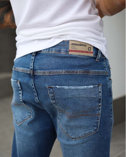Calça Jeans Masculina Skinny Básica Lavagem com Bigodes - Linha Man Style  21855 Média