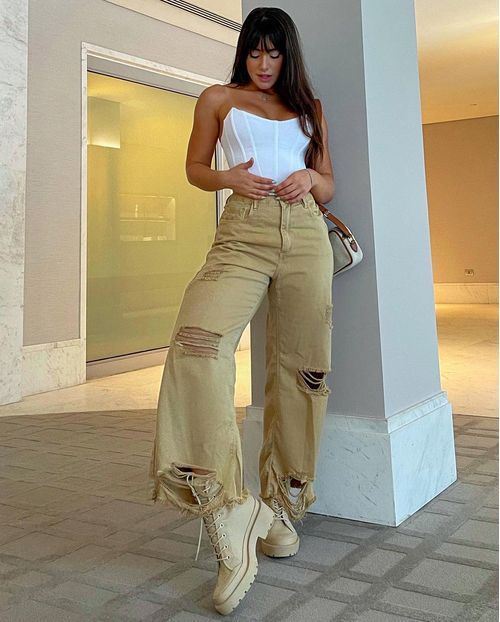 Calça Cropped Flare Bege 02186 Bege