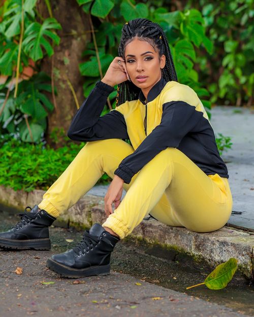 Conjunto Feminino Moletinho  Consciência Blusa Manga  Longa  Sobresposta+ Calça , Coleção Moletinho Inv/21 -90064 Amarelo