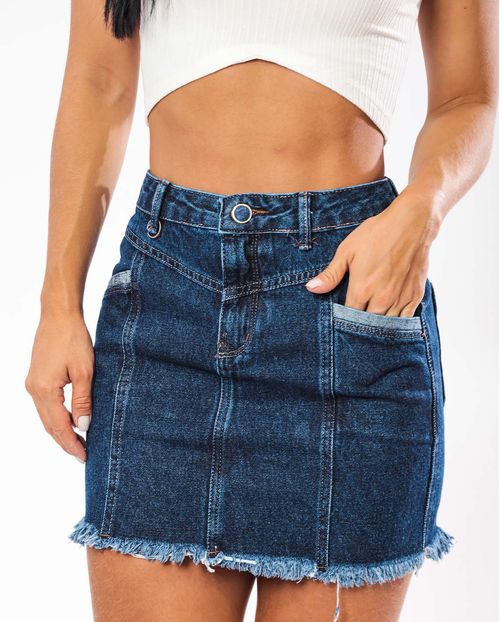 Mini-Saia Jeans Feminina Escura com Recortes e Barra Desfiada   21432 Escura