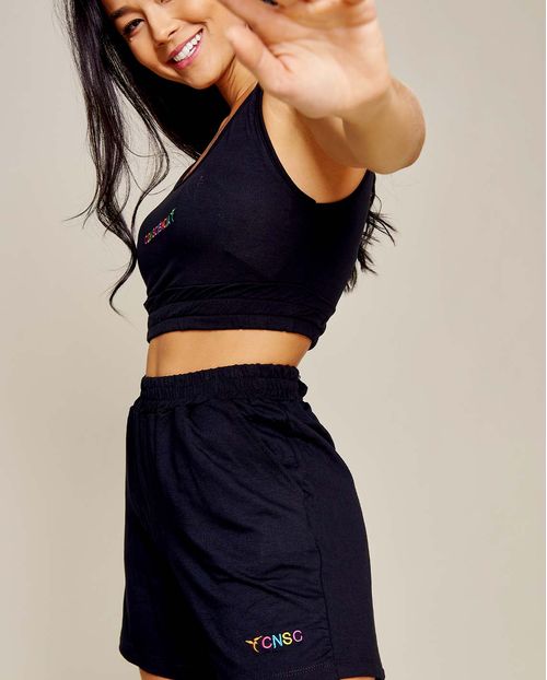 Conjunto Feminino Moletinho Consciência Blusa Regata+ Shorts , Coleção Moletinho -90071 Preto
