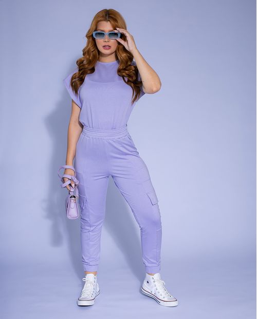 Conjunto Feminino Moletinho Consciência Blusa Manga Curta + Calça Cargo , Coleção Moletinho Inv/21 -90059 Lilas