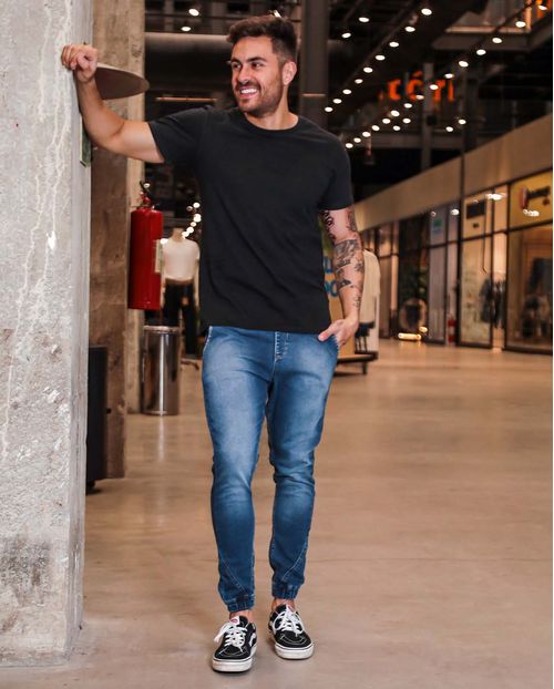 Calça Jeans Masculina Jogging Média com Elástico Na Cintura Linha Itália 21055 Escura