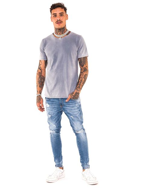Calça Masculina Super Skinny Média com Respingos Brancos - Linha Itália 21493 Média Rasgada