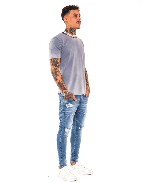 Calça Masculina Super Skinny Média com Respingos Brancos - Linha Itália 21493 Média Rasgada