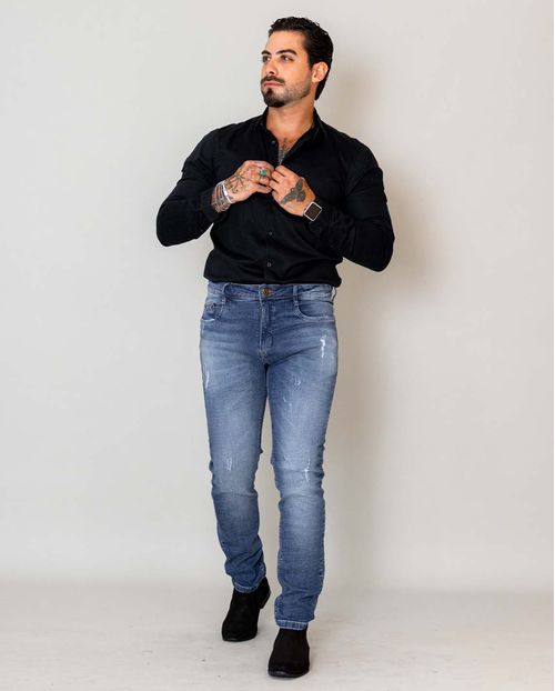 Calça Jeans Masculina com Puídos e Detalhe No Bolso Relógio - Linha Man Style 21629 Média
