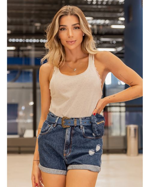 Shorts Jeans Feminino Mom com Cinto Revestido e Ponchete 20338 Unica