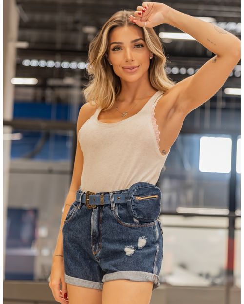 Shorts Jeans Feminino Mom com Cinto Revestido e Ponchete 20338 Unica
