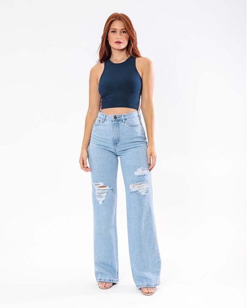 Calça Jeans Feminina Wide Leg Clara com Rasgo - 29015 Clara Rasgada