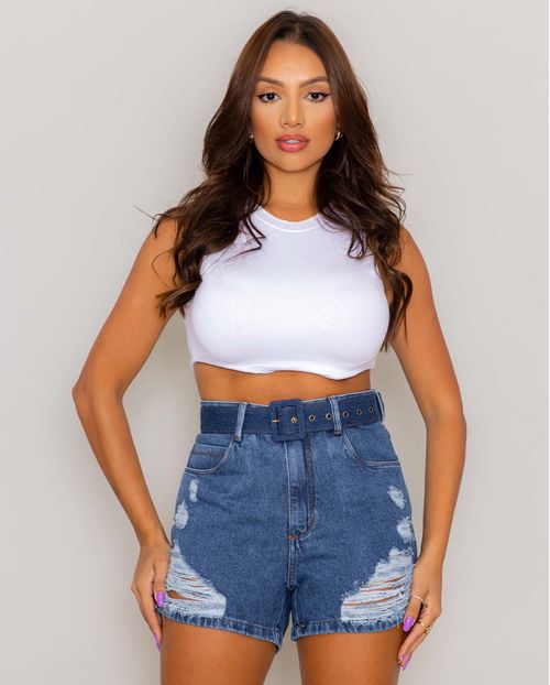Shorts Jeans Feminino Mom Rasgado com Cinto Revestido  07504 Média Rasgada