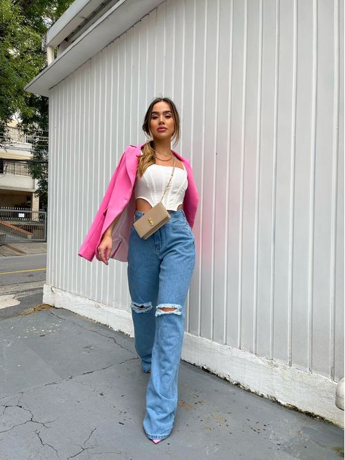 Calça Jeans Feminina Wide Leg Média com Rasgo No Joelho   29008 Média Rasgada
