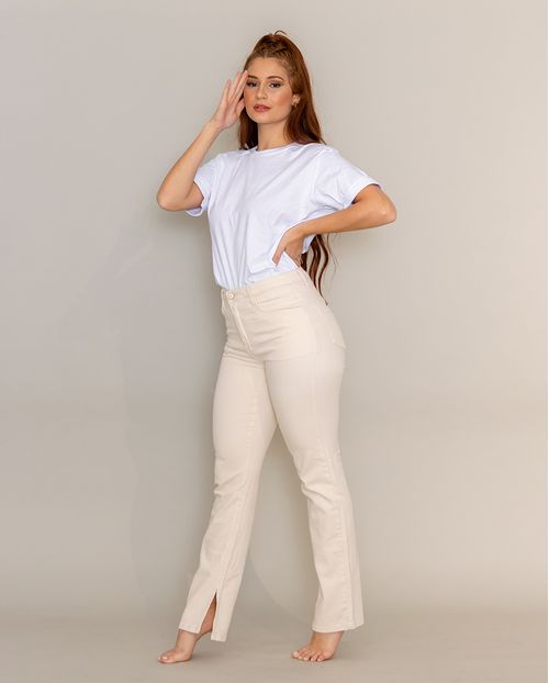 Calça Feminina Wide Loose com Abertura Interna Na Barra - Linha Eco 21684 Off White