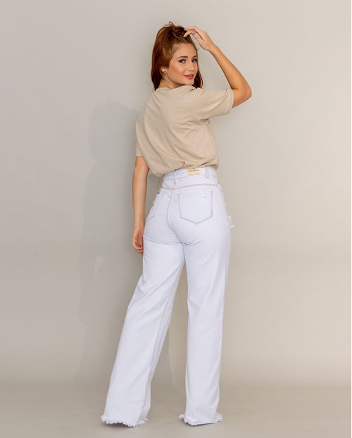 Calça Jeans Wide Leg Feminina Cintura Alta Barra Desfiada Linha Eco 21674 Ice Rasgada