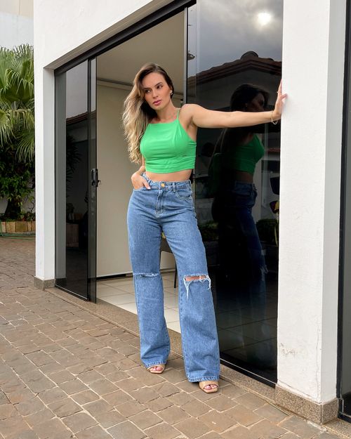 Calça Wide Leg Algodão 02900 Média Rasgada