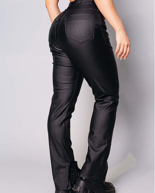 Calça Feminina Wide Loose de Couro Sintético com Abertura Interna Na Barra 22144 Preto