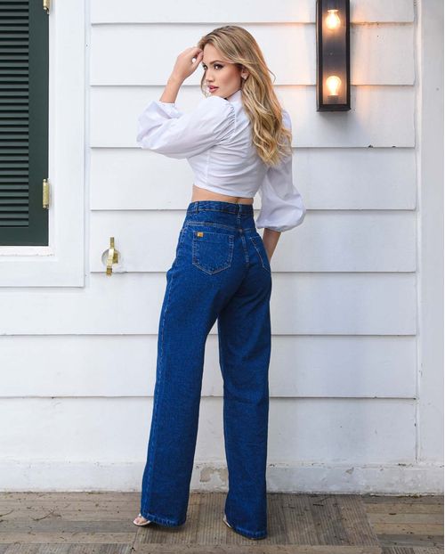 Calça Jeans Feminina Wide Leg Básica 100% Algodão 29021 Escura