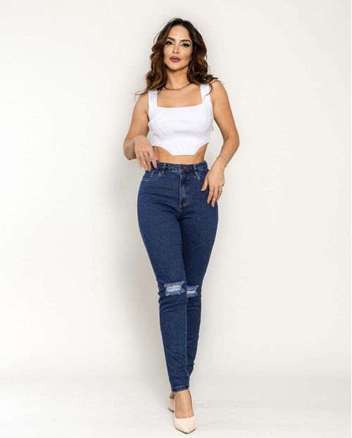 Calça Jeans Mom Feminina Cintura Alta com Elastano Rasgada 00207 Escura