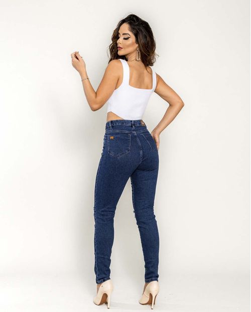 Calça Jeans Mom Feminina Cintura Alta com Elastano Rasgada 00207 Escura