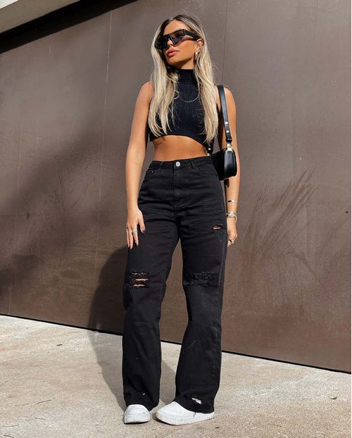 Calça Feminina Wide Leg com Rasgos Na Perna 29024 Preto