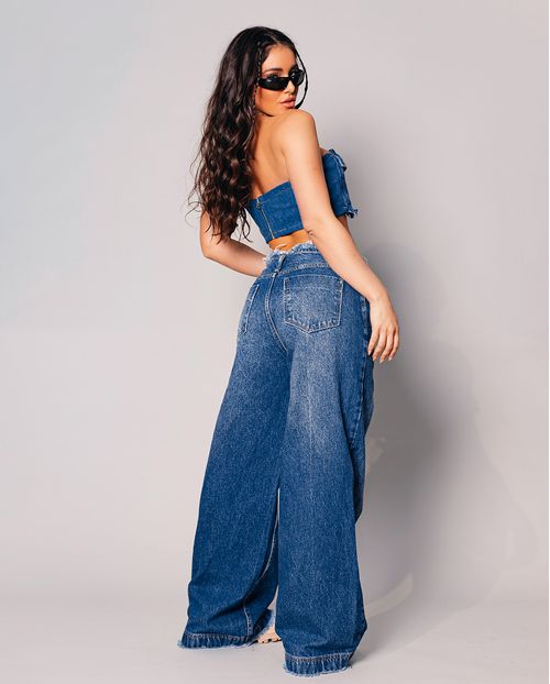 Calça Jeans Feminina Wide Leg com Desfiado No Cós e Na Barra  22188 Escura