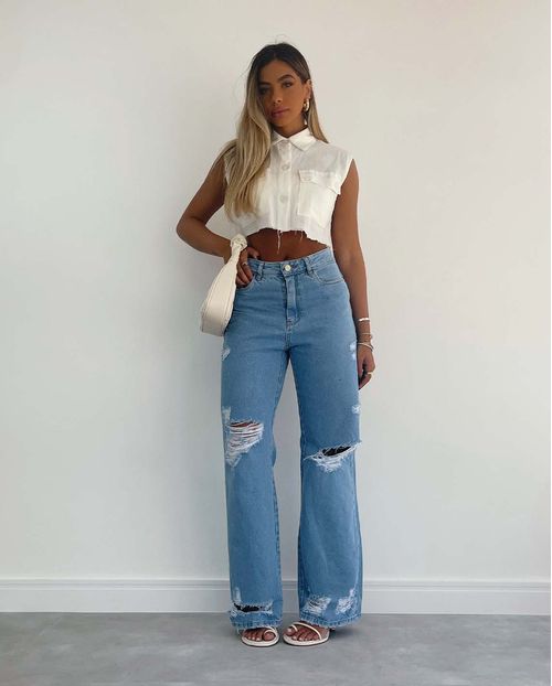 Calça Jeans Feminina Wide Leg  com Rasgos  29022 Clara