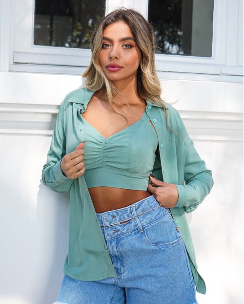 Camisa Feminina Manga Longa com Top de Alcinha 90201 Aquamarine