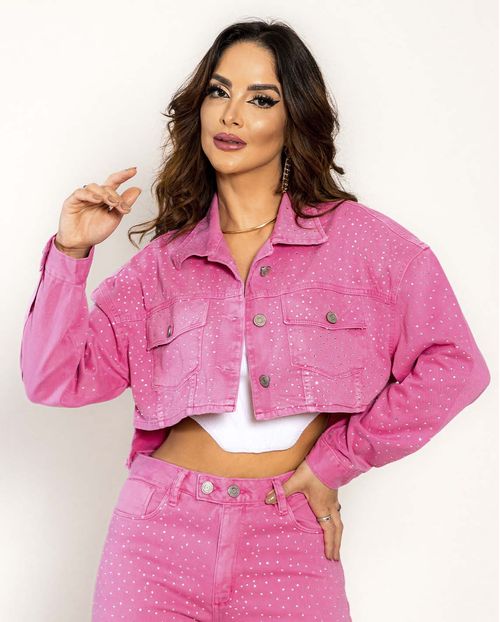 Jaqueta Feminina Cropped com Barra Mullet Desfiada - Shine 21966 Rosa