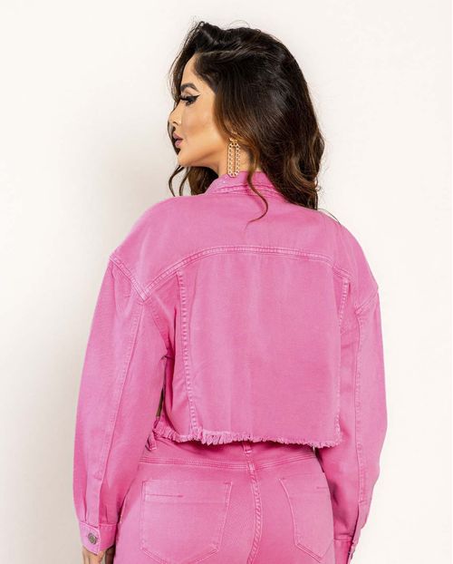 Jaqueta Feminina Cropped com Barra Mullet Desfiada - Shine 21966 Rosa