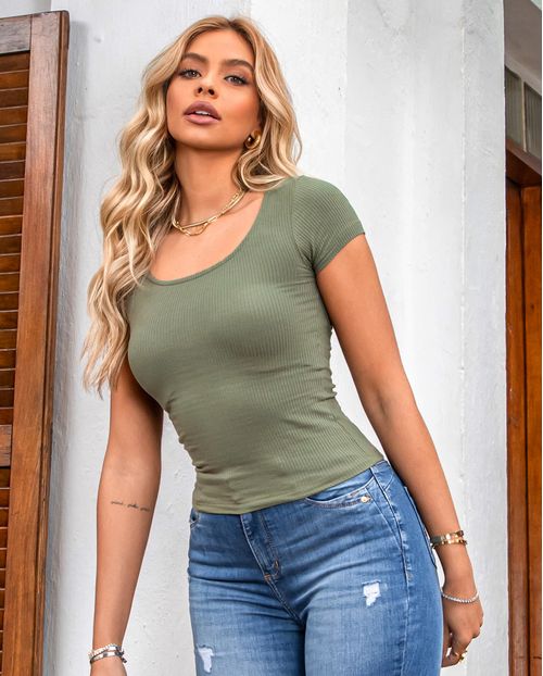 Blusa em Ribana Feminina Básica Manga Curta 90203 Olive