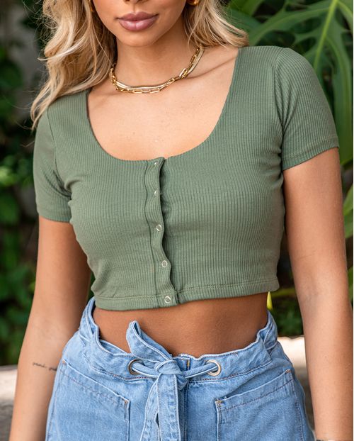 Blusa Cropped Feminina Manga Curta e Botões 90207 Olive