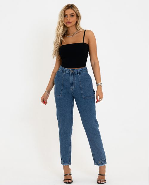 Calça Jeans Feminina Mom Média com Martingale No Cós e Na Barra   21286 Média