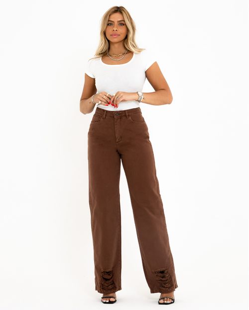 Calça Jeans Feminina Wide Leg Rasgada 29011 Marrom