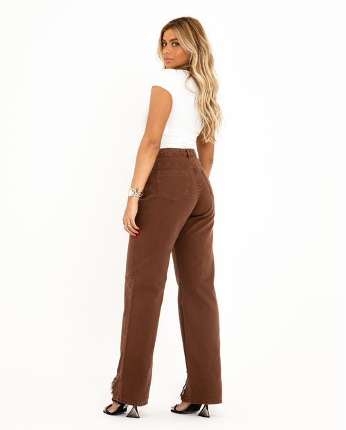 Calça Jeans Feminina Wide Leg Rasgada 29011 Marrom