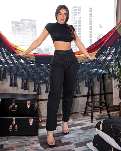 Calça Mom Preto Algodão 201pb Preto