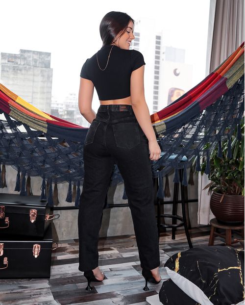 Calça Mom Preto Algodão 201pb Preto