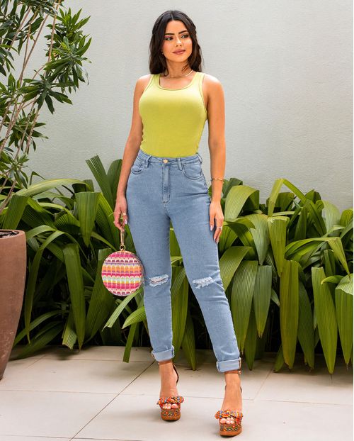 Calça Jeans Mom Feminina Cintura Alta com Elastano Rasgada 00207 Clara