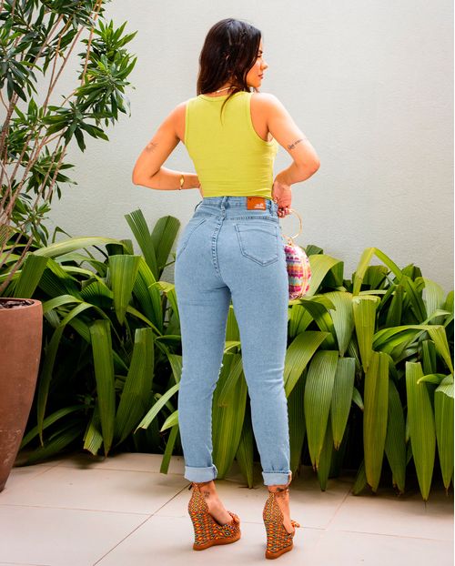 Calça Jeans Mom Feminina Cintura Alta com Elastano Rasgada 00207 Clara
