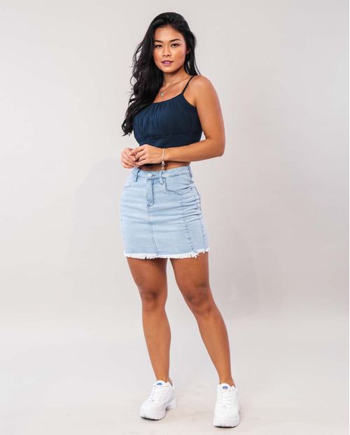 Mini Saia Jeans Feminina com Recortes Dianteiros e Barra Desfiada 21713 Clara