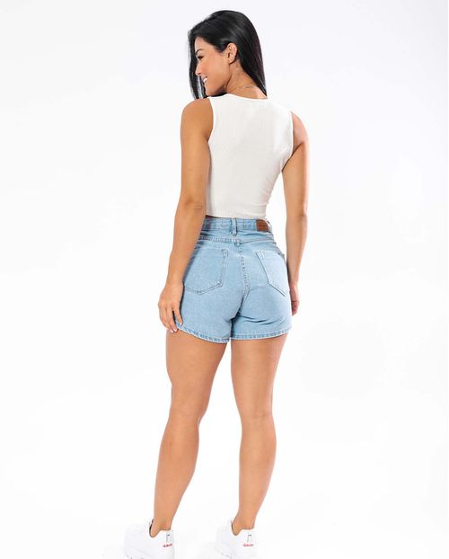 Shorts Jeans Feminino Mom com Faixa Lateral Branca e Bolso Cargo 21663 Clara