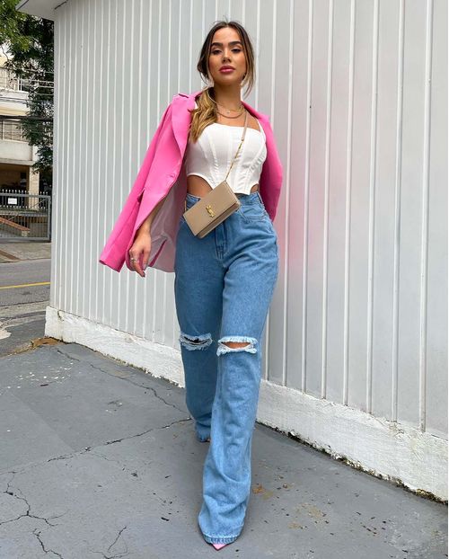 Calça Jeans Feminina Wide Leg Media com Rasgo No Joelho 26004 Média