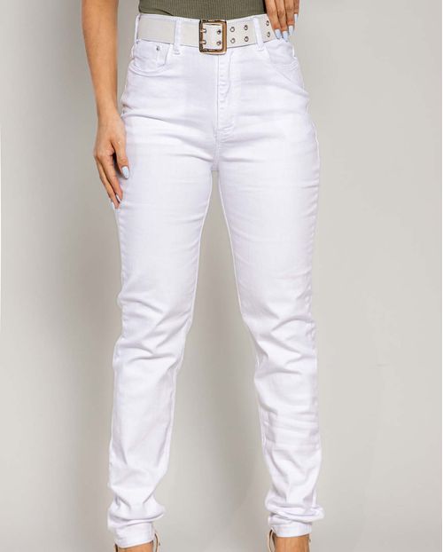 Calça Jeans Feminina Mom Branca Básica com Cinto Revestido  00225 Branco