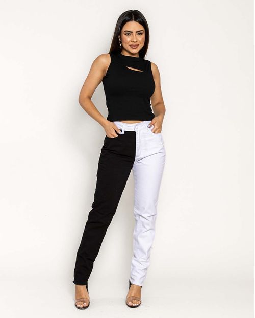 Calça Mom Bicolor Preta e Branca 21361 Unica