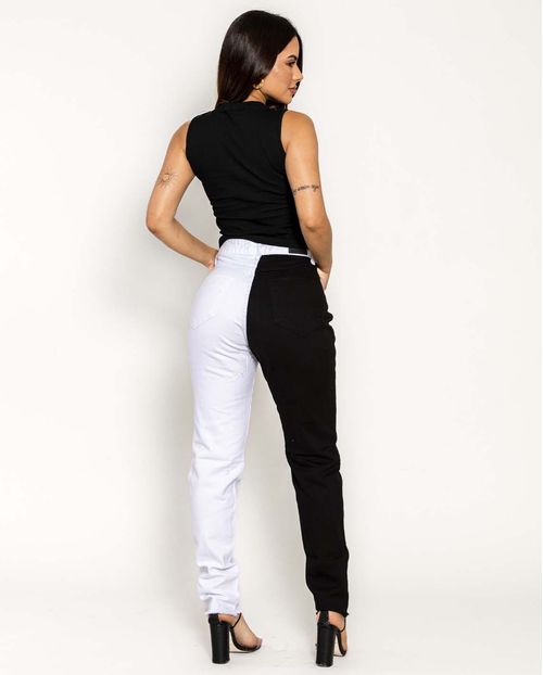 Calça Mom Bicolor Preta e Branca 21361 Unica