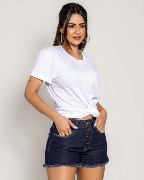 Shorts Jeans Feminino Boyfriend com Recorte Na Vista   21459 Escura