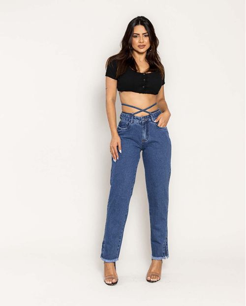 Calça Jeans Feminina Mom com Cordão No Cós  21865 Escura