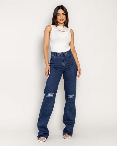 Calça Jeans Wide Leg Feminina Cintura Alta Elastano Rasgo No Joelho 28001 Escura