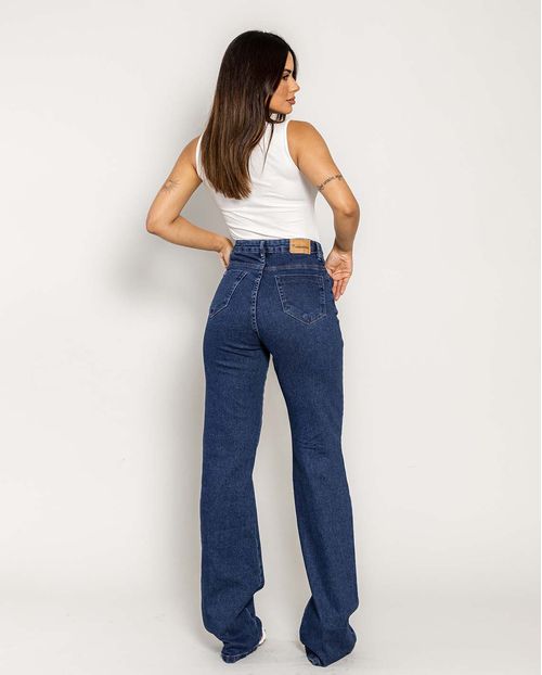 Calça Jeans Wide Leg Feminina Cintura Alta Elastano Rasgo No Joelho 28001 Escura