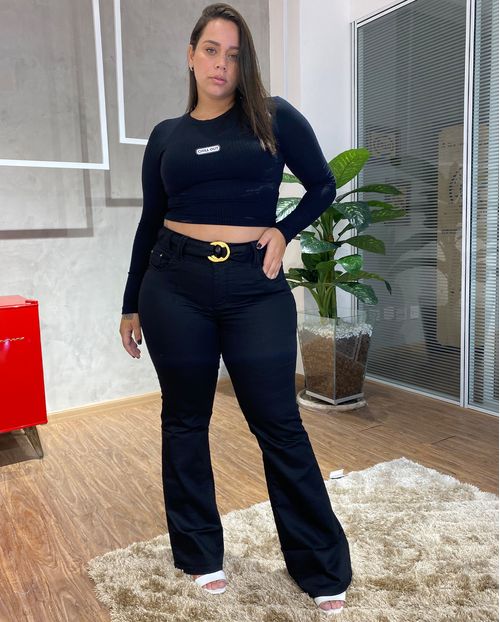 Calça Feminina Plus Flare com Cinto Preta 17846 Unica