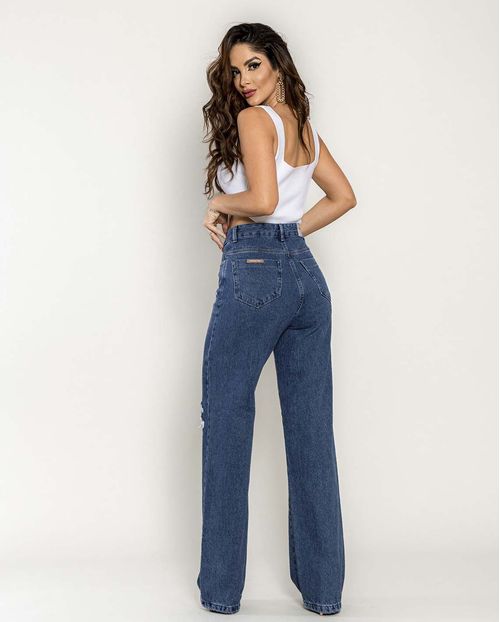 Calça Jeans Feminina Wide Leg com Rasgos Na Perna  22589 Escura